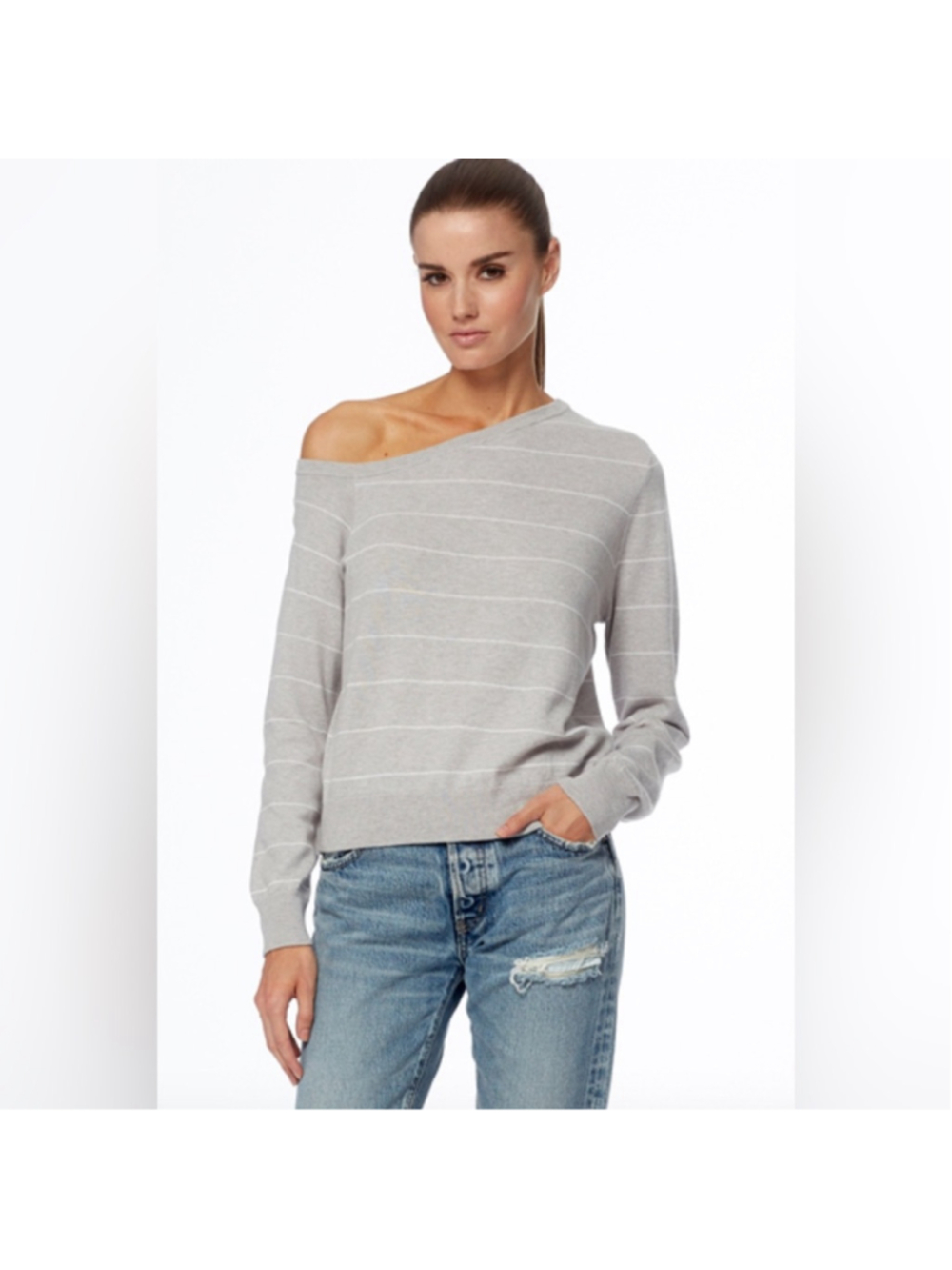NEW 360 Cashmere Diane Grey Striped Off The Shoulder Sweater Size S